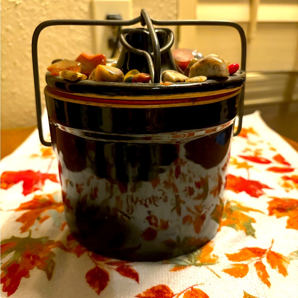 Vintage Stoneware Crock Pot with Iron Locking Bail Handle